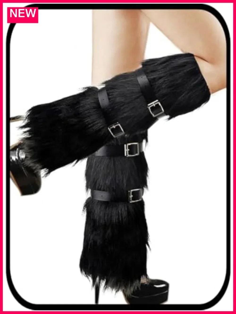 Faux Fur Knit Leg Warmers with PU Belt - Long Knee High Boot Covers for Women